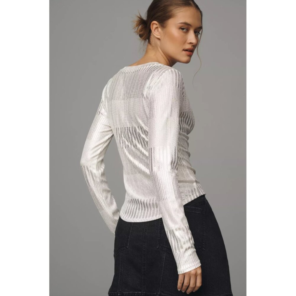 Anthropologie Pilcro The Andie Ribbed Henley Top Shimmer Edition L - Picture 3 of 10